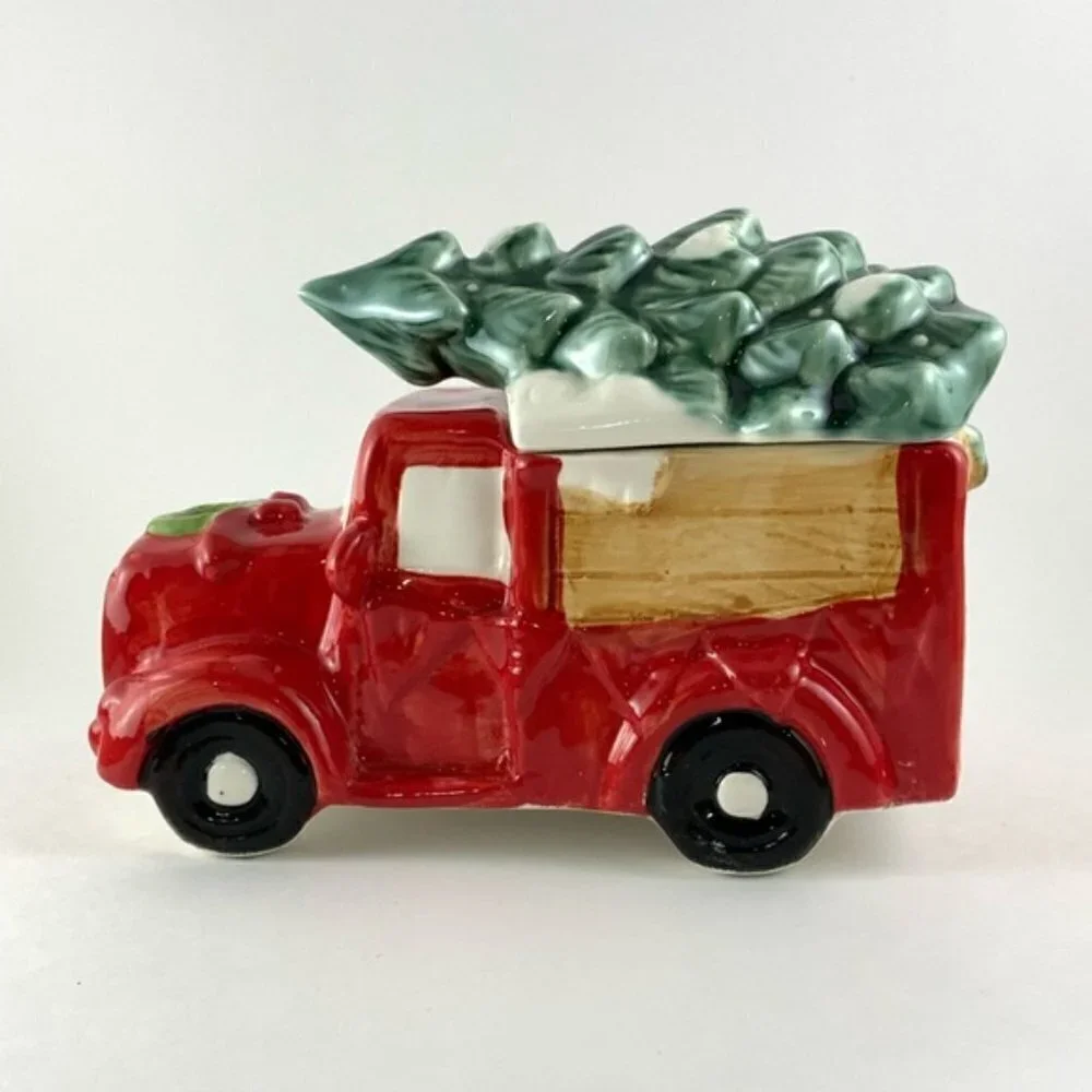 Christmas Canister Farm Vintage Truck Cookie Treat Jar Hand Painted Ceramic
